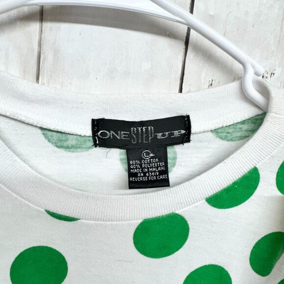 One Step Up Top Women Size Large White Green Polka Dot Crewneck Short Sleeve Tee - Picture 5 of 6